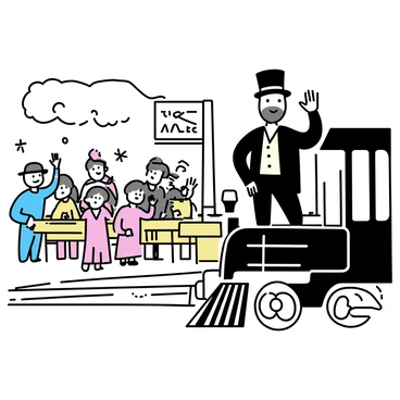 Abraham Lincoln waving from a train at a crowded station platform