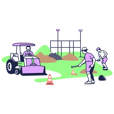 A baseball field under construction is visible, with workers actively engaged in their tasks. In the foreground, a worker wearing a hard hat is operating a large machinery, smoothing the ground. Next to the machinery, another worker is using a shovel to level the soil. In the background, piles of dirt are arranged, and a partially completed dugout structure is present. Bright orange safety cones are placed around the area, and the sky above is clear, indicating a sunny day.