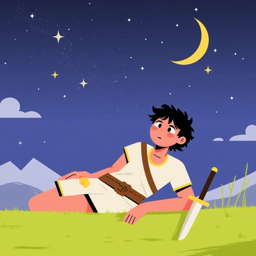 A young warrior with short, tousled black hair is lying on a grassy hillside. He is dressed in a simple leather tunic and has a wooden sword resting beside him. His eyes are wide with wonder as he gazes up at the night sky filled with bright, twinkling stars. A crescent moon shines down, illuminating his face, giving him a thoughtful expression. In the distance, faint silhouettes of mountains can be seen, and scattered clouds drift across the sky. The scene captures a sense of hope and aspiration as the warrior dreams of “glorious battles.”