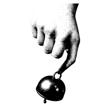 A hand is positioned above a bicycle bell, fingers slightly curved in preparation to press down. The hand has visible details such as knuckles and fingernails. The bicycle bell is round and metallic, reflecting light in its surface. The background is minimal, focusing on the interaction between the hand and the bell.