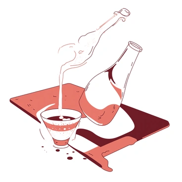 A white bottle of sake is tilted, with a stream of clear sake flowing gracefully from its spout. The sake pours into a delicate cup made of translucent glass, revealing intricate patterns on its surface. The cup is placed on a polished wooden table that reflects the light, creating a soft glow around the scene. Droplets of sake splash gently as they hit the bottom of the cup, creating a sense of movement and delicacy.