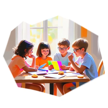 A group of four friends is gathered around a wooden table, enthusiastically quizzing each other with colorful flashcards. Two friends, a girl with curly brown hair and a boy with glasses, are smiling as they take turns reading from the cards. A third friend, a girl with straight black hair, is holding her chin in thought, while the fourth friend, a boy with short blonde hair, is eagerly leaning in to participate. The table is cluttered with flashcards of various colors and some snacks, creating a lively atmosphere. Sunlight streams in through a window, illuminating their engaged expressions.