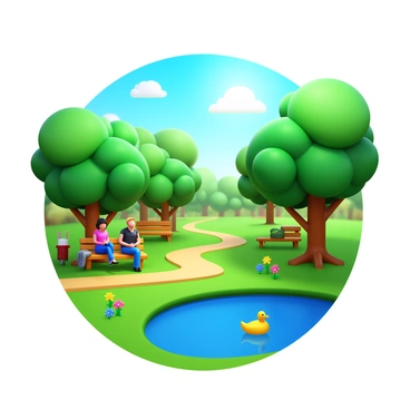 A park scene with lush green trees and a winding path. People sit on benches enjoying the view. Colorful flowers bloom along the pathway. A gentle breeze rustles the leaves above. Sunlight filters through the branches, casting dappled shadows on the ground. A small pond reflects the blue sky, with a few ducks swimming leisurely.