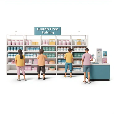 A supermarket aisle, brightly lit and featuring shelves stocked with various gluten-free baking supplies. On the shelves, there are bags of gluten-free flour such as almond flour, coconut flour, and rice flour, all prominently labeled. There are also jars of gluten-free baking powder and baking soda, alongside packets of gluten-free chocolate chips and sprinkles. A sign overhead reads "Gluten-Free Baking," and there are product displays at the end of the aisle featuring gluten-free recipe books and mixers. Shoppers can be seen browsing the aisle, inspecting the various products.