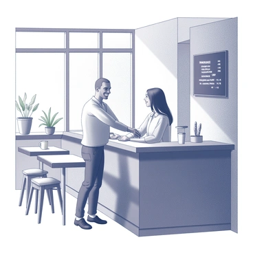 A small business owner is standing behind a wooden counter in a cozy café. The owner has a broad smile while interacting with a customer who is ordering a drink. The café is furnished with wooden tables and chairs, creating a warm atmosphere. A chalkboard menu hangs prominently on the wall, displaying various beverage options. Light streams in through large windows, illuminating the inviting interior. Several potted plants are placed around, adding to the homely feel of the café.