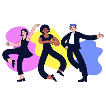 Silhouettes of dancers in dynamic poses are captured mid-movement. Each dancer has a distinct shape, representing different styles of dance, such as ballet, hip-hop, and contemporary. The background features an array of vibrant colors blending into one another, creating a lively contrast to the dark outlines of the dancers. The overall composition emphasizes the energy and grace of the dancers' movements.