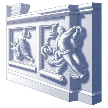 A close-up view of detailed marble carvings inside a courthouse. The carvings depict various figures and ornate floral patterns, showcasing the craftsmanship involved. The texture of the marble is visible, with fine lines and grooves enhancing the overall intricacy. Light casts shadows on the surface, emphasizing the depth of the carvings. The surrounding architecture is partially visible, hinting at the grand nature of the courthouse.