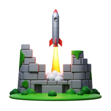 A rocket launching into the sky, leaving a trail of smoke and flames. In the foreground, ancient ruins made of stone, partially covered in moss, with intricate carvings visible. The landscape features lush green vegetation surrounding the ruins, contrasting with the metallic texture of the rocket. The scene is illuminated by the bright light of the rocket's engines.