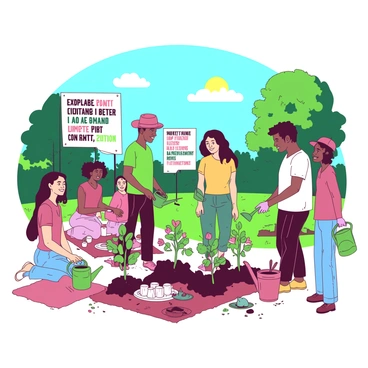 A group of diverse individuals is gathered in a park, actively planting young green trees in the soil. Some participants are using small shovels, while others are holding watering cans, ready to nourish the newly planted saplings. In the background, there are colorful banners displaying quotes about climate change and environmental conservation. The sun is shining in a clear blue sky, with a few fluffy white clouds. People of all ages, including children, are happily engaging in the activity, wearing gardening gloves and sun hats. There are also picnic blankets with refreshments set up nearby, contributing to a communal atmosphere.