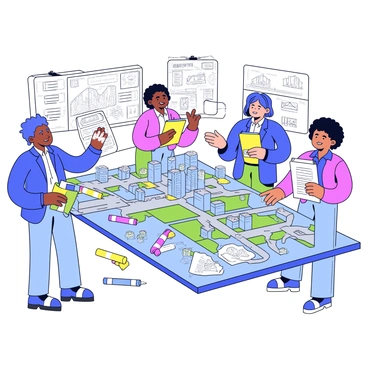 A group of city planners is gathered around a large detailed model of a city. The model features miniature buildings, parks, roads, and bridges, all meticulously arranged. Each planner is holding a clipboard with developmental reports and pointing to specific areas on the model. The planners are diverse in appearance, with different clothing styles, and are engaged in animated discussions. There are various colored markers and pens spread out on the table, reflecting different aspects of the city design. The background is filled with maps and charts related to urban development.