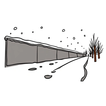 The Berlin Wall stands tall, covered in a thick layer of white snow, creating a stark contrast with its gray concrete surface. Snowflakes gently fall from a clear sky, adding to the serene scene. The ground around the wall is blanketed in untouched snow, with subtle footprints leading towards the wall, hinting at the presence of visitors. In the distance, bare trees line the walkway, their branches dusted with snow. The atmosphere feels quiet and peaceful, inviting contemplation and reflection on the history of the wall.