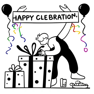 A figure with spiky white hair is eagerly unwrapping a large gift box, surrounded by colorful decorations. The gift box has vibrant wrapping paper and a big bow on top. The room is decorated with streamers and balloons hanging from the ceiling. There is a small table nearby with a plate of cookies and a glass of milk. In the background, a bright banner reads “Happy Celebration.”