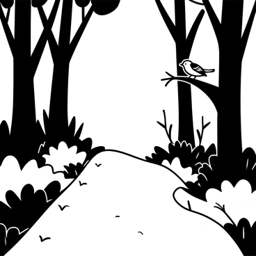 A narrow forest path lined with tall trees and dense underbrush. The path winds gently through the greenery, with sunlight filtering through the leaves above. A single bird is perched on a branch extending from one of the trees, with detailed feather patterns visible. The ground is covered with fallen leaves and small twigs, adding to the natural atmosphere of the scene.