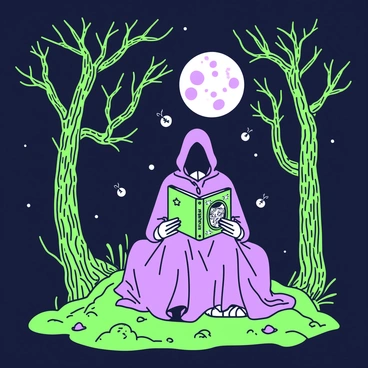 A cloaked figure is seated on a large rock in a dark forest, surrounded by towering trees with twisting branches. The figure is wearing a flowing cloak that drapes down to the ground, obscuring most of their features. In their hands, they hold an ornate gothic book, which is open, revealing intricate illustrations on the pages. Above them, a full moon casts soft light through the dense canopy, illuminating the scene with a silver glow. Shadows dance around the figure, creating an atmosphere of mystery, while small fireflies can be seen flickering in the darkness. The ground is covered in fallen leaves and moss, adding texture to the forest floor.