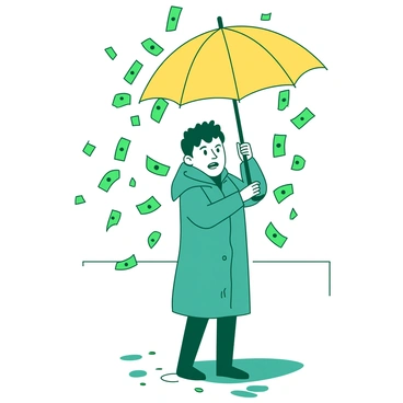 A yellow umbrella is held above a person standing on a street. The person is wearing a teal raincoat and has an expression of surprise on their face. Around them, numerous green bills are raining down from the sky, some bouncing off the umbrella and others falling to the ground. The street is wet, reflecting the bright green of the bills and the colors of the umbrella and raincoat.