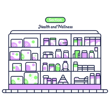 A set of shelves filled with various medications and supplements in a UK pharmacy. On the left, there are several boxes of over-the-counter pain relievers and cold medications, categorized neatly. In the middle section, various bottles of vitamins and dietary supplements are arranged, some with childproof caps, while others are in clear containers. On the right, prescription medications can be seen, each in their individual labeled containers. Above the shelves, a sign indicates the section for "Health and Wellness," enhancing the organization of the pharmacy. The floor is tiled and the pharmacy has a well-lit, clean appearance.