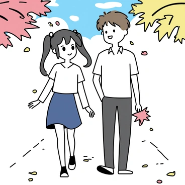 Two anime students are walking side by side on a pathway covered with fallen maple leaves. The first student, a girl with long black hair tied into twin tails, is wearing a white blouse and a navy blue skirt. She has a cheerful expression as she looks at her companion. The second student, a boy with short brown hair, is dressed in a white shirt and dark trousers. He is smiling, holding a few maple leaves in his hand. The vibrant red and orange maple leaves are falling around them, creating a colorful contrast against the clear blue sky.