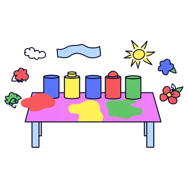 A table covered with a vibrant color palette consisting of bold shades of red, blue, yellow, and green. The table has various paint pots in each of these colors, neatly arranged. Surrounding the table are small illustrations inspired by the colors, including a sun with rays in yellow, a blue wave, a red flower, and green leaves. Each illustration is distinct and complements the colors of the paint pots. The scene is well-lit, emphasizing the brightness of the colors.