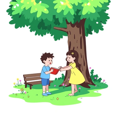 Two children are standing in a lush green park under the shade of a large tree. One child, wearing a blue shirt and shorts, is holding a red book, while the other child, dressed in a yellow dress, is reaching out with both hands to receive the book. A small wooden bench is visible nearby, and a few colorful flowers are growing around the base of the tree. Sunlight filters through the leaves, creating a dappled effect on the ground. The expression on the children’s faces shows excitement as they engage in their secret book exchange.