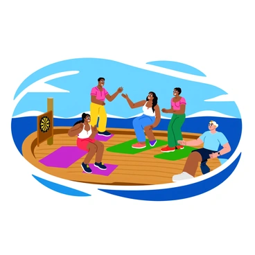 A group of four people playing darts on a wooden boat deck. The deck is adorned with colorful mats and a dartboard is mounted on a wooden post. In the background, vibrant blue ocean waves splash against the sides of the boat, while a clear sky with a few fluffy white clouds is visible above. Each person has a distinct appearance, wearing casual summer clothes, and they are visibly engaged in the game, with one person throwing a dart while another cheers them on.