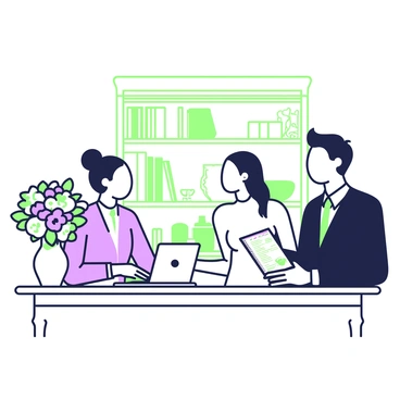 An event planner is seated at a large, polished wooden desk in an elegant office. She has long, dark hair styled up and wears a smart, tailored suit. Across from her, a bride in a white dress and a groom in a dark suit are listening intently. The bride is holding a notebook, and the groom has a small tablet in front of him. On the desk, there is a laptop open with various wedding planning documents displayed. In the background, a large bookshelf filled with design books and decorative items is visible. A beautiful floral arrangement sits in a vase on the corner of the desk, adding a touch of elegance to the office space.