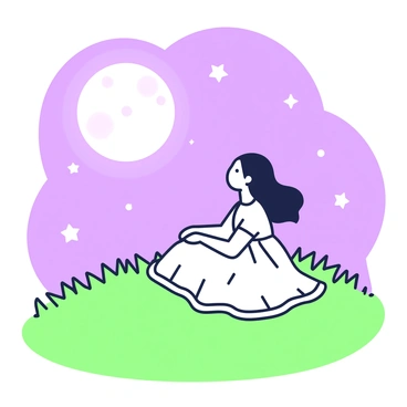 A girl is sitting on a grassy hill with a gentle slope. She has long hair flowing down her back and is wearing a light dress that softly drapes around her. The hill is filled with blades of grass that bend slightly with the breeze. Above her, the night sky is filled with a large, luminous moon casting soft light over the scene. Stars twinkle in the background, adding to the tranquil atmosphere. The girl gazes up at the moon, with a peaceful expression on her face, as if lost in thought.