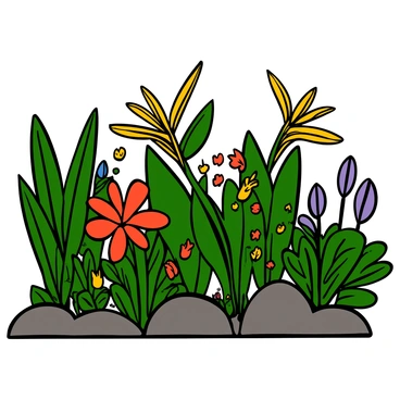 A botanical exhibit featuring a variety of exotic plants and vibrant flowers in bloom. The scene is filled with tall, lush green leaves and colorful blossoms in shades of red, yellow, and purple. There are large tropical flowers with intricate petals, surrounded by smaller, delicate blooms. The plants have unique shapes, some with broad leaves and others with slender stems. Sunlight filters through the exhibit, casting dappled shadows on the ground, enhancing the rich colors of the plants and flowers.