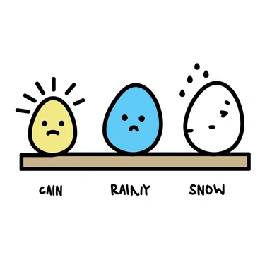 A weather report board stands prominently, featuring three large eggs representing different weather conditions. The first egg, a bright yellow, symbolizes sunny weather, adorned with a smiling face and rays extending outward. Next, a light blue egg indicates rainy weather, complete with small droplets illustrated on its surface and a frown. Finally, a white egg represents snowy conditions, embellished with tiny snowflakes and a chilly expression. The eggs are arranged in a row on a simple wooden board, each labeled with its corresponding weather type underneath.