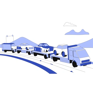 A convoy of transport trucks is traveling on a major highway. Each truck is loaded with several cars, securely fastened on the flatbed trailers. The trucks have large, rectangular cargo areas, and the cars displayed include various models, some with sleek designs and others with boxy shapes. The highway is marked with lane dividers and has visible road signs indicating distances. In the background, there are distant mountains and a clear sky, creating a sense of scale for the scene.