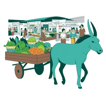 A teal carabao is pulling a wooden cart that is overflowing with fresh produce, including vibrant green vegetables and bright orange fruits. The cart is adorned with colorful woven baskets, showcasing an assortment of food items. In the background, there are bustling market stalls and people engaging in lively trade. The scene captures the essence of a busy market day, with various goods displayed and vendors calling out to attract customers. The carabao looks strong and sturdy, working diligently as it makes its way through the crowded area.