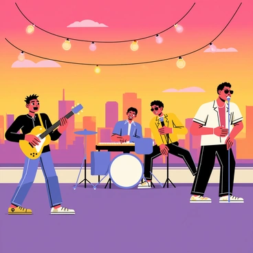 A dynamic band is performing on a rooftop with a vibrant city skyline in the background. The band consists of four musicians: a guitarist with short, spiky hair, a drummer playing energetically, a keyboardist wearing sunglasses, and a singer with a microphone. The warm hues of the sunset create a colorful sky, blending oranges, pinks, and purples. The rooftop is decorated with string lights that illuminate the scene, and there are silhouettes of buildings in the distance, adding depth to the skyline backdrop.