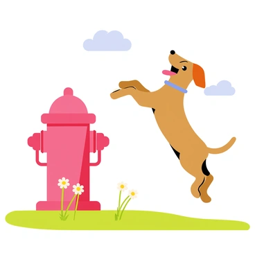 A playful dog with brown fur is jumping around a bright red fire hydrant. The dog has its tongue out, and its ears are flopping in the air as it leaps. The scene is set on a sunny day with a clear blue sky. Green grass surrounds the hydrant, with a few daisies blooming nearby. The sunlight casts soft shadows on the ground, emphasizing the dog's energetic movements.