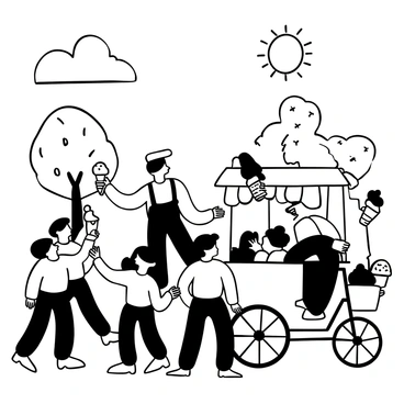 An ice cream vendor on a tricycle stands next to his colorful cart, which is filled with various ice cream treats. He is reaching out with a scoop of ice cream in one hand. Around him, several children are gathered, eagerly reaching for their favorite flavors. Some children hold cones filled with ice cream topped with sprinkles, while others have cups with colorful treats. The scene is lively, with the children showing excitement as they receive their ice cream. Behind them, there are trees providing shade, and a sunny sky above.