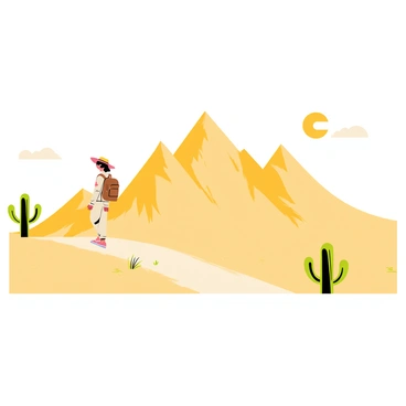 A lone traveler with a brown backpack is walking on a sandy path towards a distant mountain in a desert landscape. The mountain has rocky, jagged peaks and appears to shimmer in the heat of the sun. The sky is clear with a few fluffy white clouds. The traveler is wearing a wide-brimmed hat and light-colored clothing suitable for the desert. Cacti and sparse vegetation are scattered along the sides of the path, enhancing the rugged terrain.