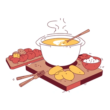 A white bubbling cheese fondue pot is placed at the center of the image. The pot has steam rising from its surface, indicating the melted cheese inside. Surrounding the pot are several slices of orange raclette cheese arranged neatly on a wooden serving board. There are also small forks with wooden handles resting next to the cheese slices, ready for dipping. In the background, there are hints of fresh bread and vegetables set out for an inviting fondue experience.