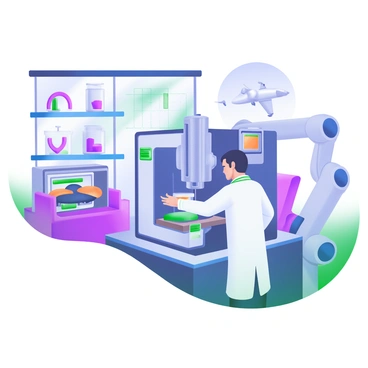 A high-tech aerospace laboratory featuring an engineer in a white lab coat conducting tests on various materials. The engineer is focused on a sophisticated testing machine surrounded by data screens displaying graphs and measurements. Shelves in the background hold containers with samples, while a large window reveals a view of aircraft components. The room is filled with advanced equipment, including a 3D printer and a robotic arm, showcasing the cutting-edge technology used in the testing process.