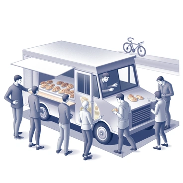 A bakery truck is parked on a busy street corner, showcasing an array of pastries in its open serving window. The truck is decorated with images of baked goods and has a warm, inviting atmosphere. Several passersby, including men and women of varying ages, are gathered around the truck. Some individuals are pointing at the croissants displayed, while others are holding bags filled with baked treats. The street is bustling, with pedestrians and bicycles moving in the background, creating a lively urban scene.