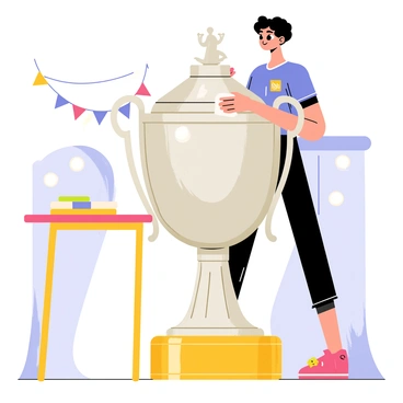 A person polishing a large silver aerobics competition trophy with a shining gold base. The trophy features intricate details, including a dancing figure at the top. The person is wearing a blue uniform with a logo on the chest and is using a soft cloth to remove smudges. In the background, there are colorful banners and lights setting the scene for the upcoming award ceremony. A polished wooden table supports the trophy, reflecting its gleaming surface.