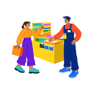 A "happy customer" with a broad smile is interacting with a "helpful store associate" who is standing beside them. The customer is holding a shopping bag, while the associate is pointing towards a display of products in the store. The associate is wearing a name tag and a uniform, emphasizing their role. Brightly colored shelves filled with various items are visible in the background, creating a lively shopping atmosphere. The scene conveys a sense of friendliness and assistance.