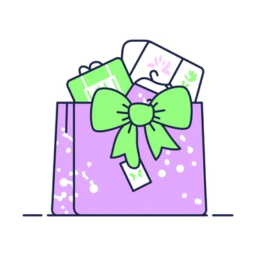 A paper bag with intricate wrapping sits on a flat surface. The bag is adorned with a large, glossy ribbon tied into a neat bow on top. The bag is slightly open, revealing a variety of gifts inside, including a small box and a vibrant item peeking out. A tag, neatly attached to the ribbon, hangs down, displaying a decorative design. The bag itself features a subtle pattern, enhancing its festive appearance.