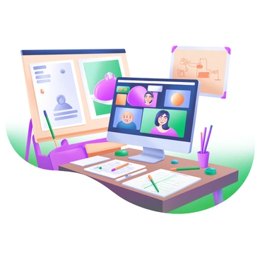 A scene depicting illustrators from different countries collaborating via a video call. Each illustrator is shown on their own screen, showcasing diverse backgrounds that reflect their cultures. The central area features a large computer monitor displaying the video call. Surrounding the monitor are various sketches, notebooks, and reference materials scattered across a wooden table. Bright, colorful art supplies, such as markers and paintbrushes, are also visible, adding to the creative atmosphere. In the background, a pinboard displays pinned sketches and inspiration, enhancing the collaborative workspace.