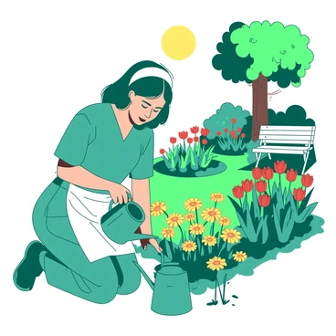 A teal nurse wearing scrubs and a white apron is kneeling in a hospital garden filled with various green plants and colorful flowers. The nurse is gently watering a cluster of blooming yellow daisies with a small watering can. In the background, there are a few more flower beds with vibrant red tulips and a small white bench under a tree. The sun is shining down, creating a warm and inviting atmosphere, while the nurse has a focused expression, tending carefully to the plants.