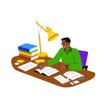 A student sitting at a wooden desk, focused on analyzing a case study for a psychology test. The student is wearing glasses and has short, dark hair. Scattered around the desk are various notes and papers, some with highlighted text and diagrams. A colorful stack of textbooks sits open beside them. A bright desk lamp illuminates the scene, casting a warm glow over the notes and creating a studious atmosphere.