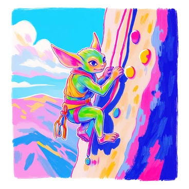A determined gremlin climbing a rock wall with a harness.