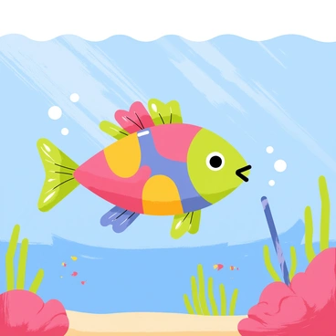 A whimsical fish made entirely from colorful plastic waste is swimming in a clear blue ocean. The fish has a vibrant body composed of various pieces of red, yellow, blue, and green plastic. Its fins are formed from flattened bottle caps and twisted straws. The ocean is filled with light, creating sparkling reflections on the surface. Small bubbles trail behind the fish as it moves gracefully through the water. Bright coral reefs and schools of small fish can be seen in the background, adding to the underwater scene.