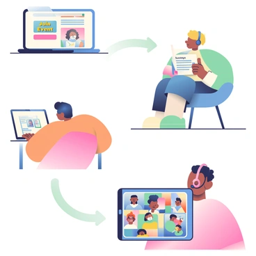 An illustration depicting a user's journey through the steps of joining a virtual event. The first scene shows a person sitting at a desk with a laptop open, displaying a website with "Join Event" prominently featured. The second scene illustrates the individual filling out an online registration form, seated in a comfortable chair, with a notepad and pen nearby. The third scene presents the user receiving a confirmation email on their phone, with a notification icon visible. The final scene depicts the person wearing a headset, engaging in the virtual event, with a colorful background showcasing attendees in small video windows.