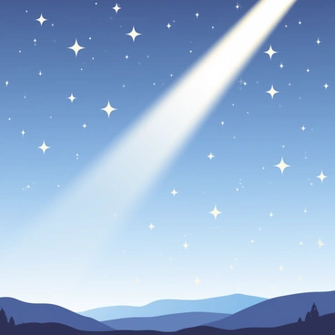 A night sky is filled with numerous twinkling stars that shimmer in various sizes and brightness. A glowing light beam extends diagonally across the sky, symbolizing the speed of light, with a bright white color at the source that gradually transitions to a soft blue hue. The stars are scattered throughout the sky, creating a sense of depth and vastness. In the lower part of the image, a silhouette of distant mountains or trees can be seen, enhancing the contrast of the bright sky above.