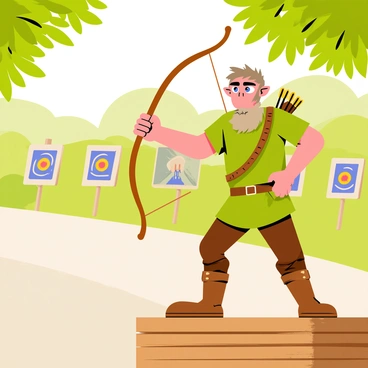 A keen-eyed dwarf archer standing on a wooden platform at a target range. The dwarf has a sturdy build, wearing a green tunic and brown leather armor. He is focused, aiming his wooden bow towards a distant target. In the background, several colorful targets are set up, some with arrows embedded in them. The dwarf's face shows concentration, with bushy eyebrows and a braided beard. Sunlight filters through trees, casting dappled shadows on the ground. A quiver filled with arrows is slung over his shoulder.