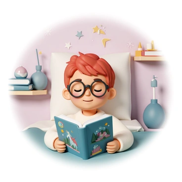 A young boy with bright red hair, wearing round glasses and a cozy sweater, is lying in a comfortable bed. He has a peaceful expression on his face, indicating he is in a deep sleep. In his hands, he is holding an open fantasy book, which has colorful illustrations of dragons and enchanted forests. The room around him is softly lit, with a few magical artifacts scattered on the shelves, such as a crystal ball and a wand. Above him, faint sparkles and wisps of light swirl, hinting at the magical adventure taking place in his dreams.