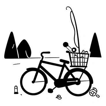 A bicycle with a front basket is parked beside a calm lake. The basket is filled with a fishing rod, extending upwards, with its reel visible. Next to the fishing rod, there is a container of bait, partially opened, showcasing small bait pieces. The lake reflects the surrounding trees and sky, creating a tranquil atmosphere. The scene is enhanced by a few scattered fishing tackle items around the bike.